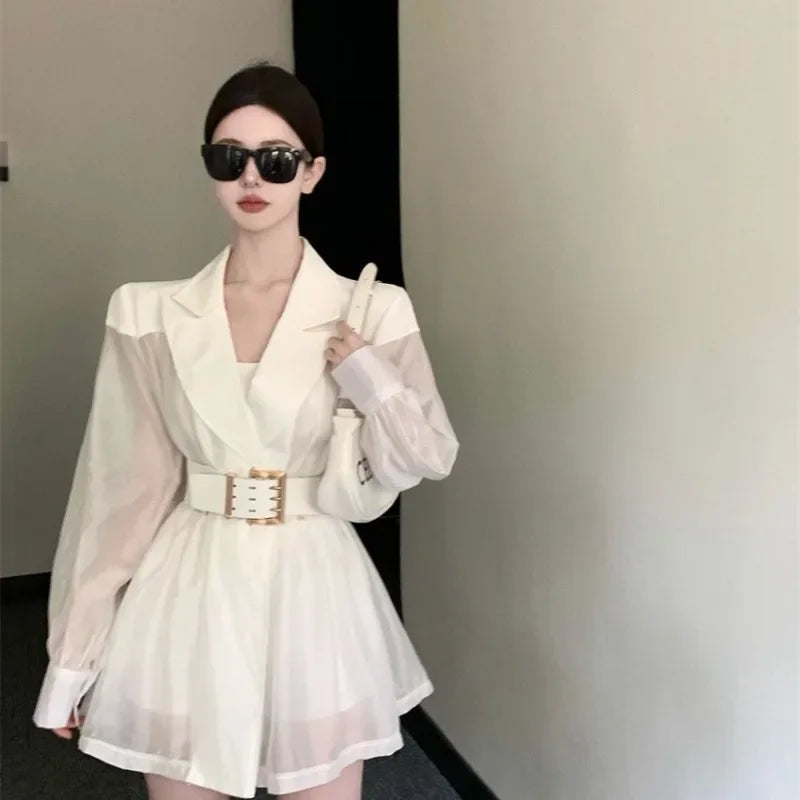 2025 Summer Women Suit Coat Blazers New Mesh Splicing Long Sleeve Loose Strap Thin Internet Celebrity Street Explosion Suit