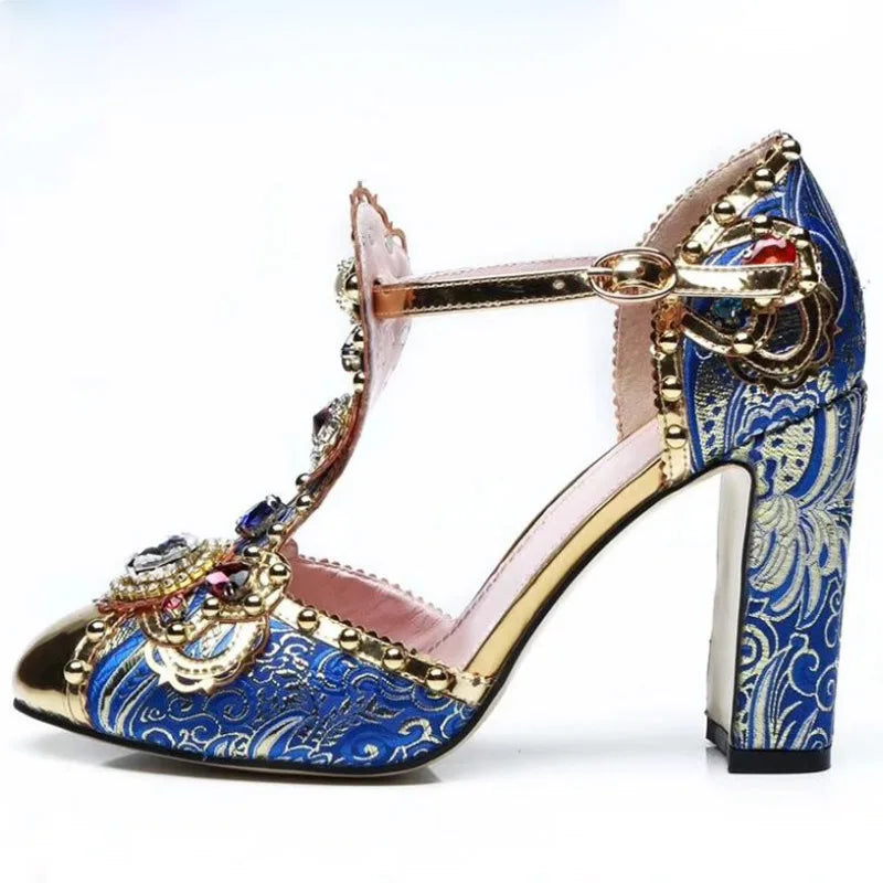 Luxury Multi Diamond Pearl Jeweled Pumps Blue Floral Jacquard T- Strap Chunky Heels Bling Golden toe  Mary Janes  Pumps Shoes