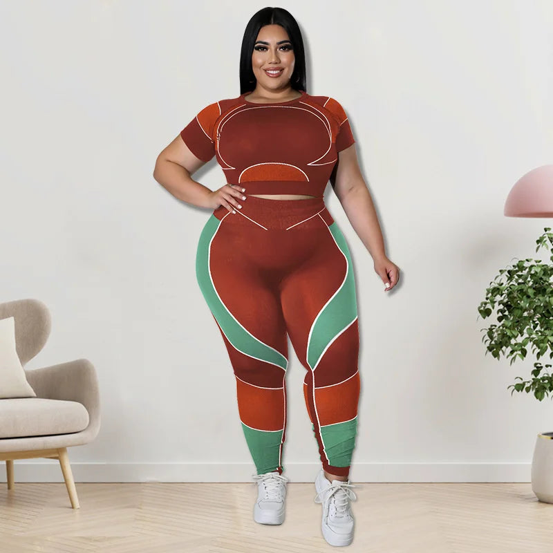 Plus Size Sets Women's Clothes Tracksuit Short Top and Pant Two Piece Sets Gym Joggers New Sports Outfits High Elastic Yoga Set