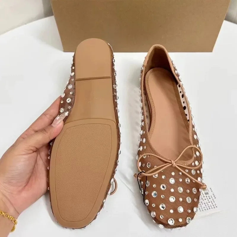 Luxury Rhinestones Women Shoes 2025 Spring Shallow Breathable Mesh Round Toe Bling Bowtie Elegant Ballet Flats for Female