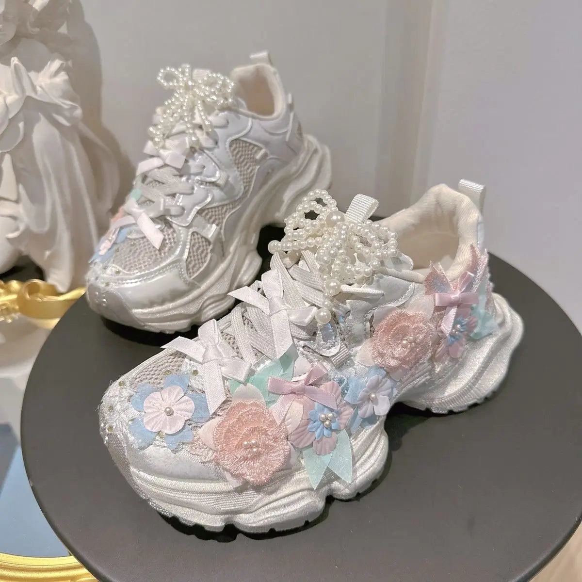 Colorful Embroidery Floral Women Chunky Sneakers Platform Thick Soled Daddy Shoes Pearls Beaded Bow Ladies Trainers Footwear