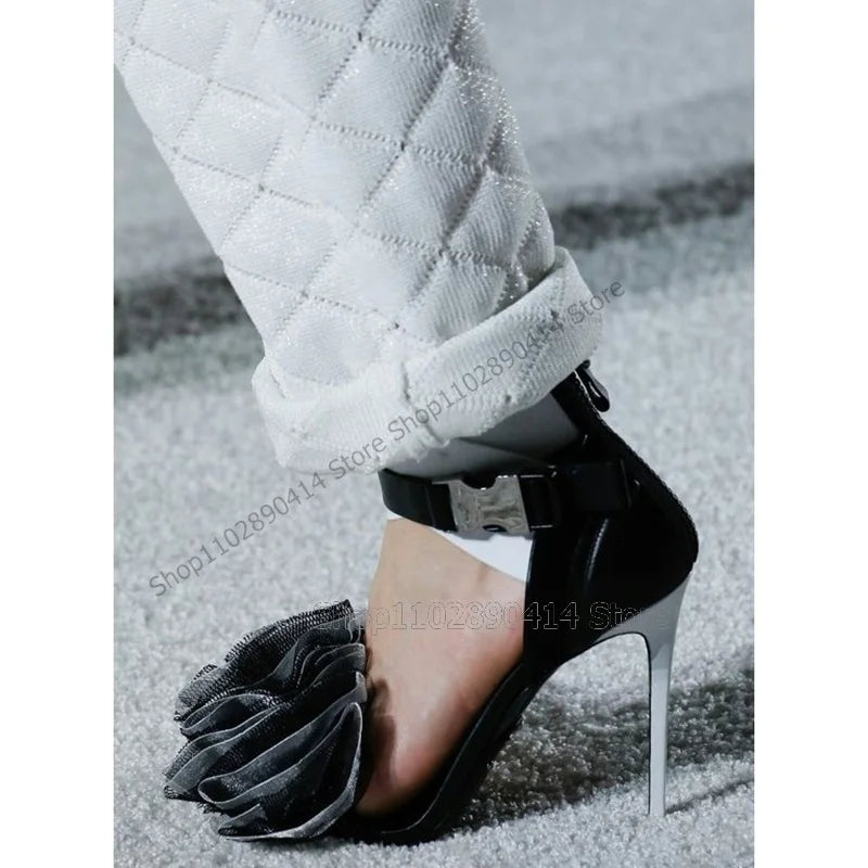 Black Gray Pleated Ruffles Design Open Toe Sandals Ankle Buckle Strap Women Shoes Thin High Heels Novel 2023 Zapatos Para Mujere