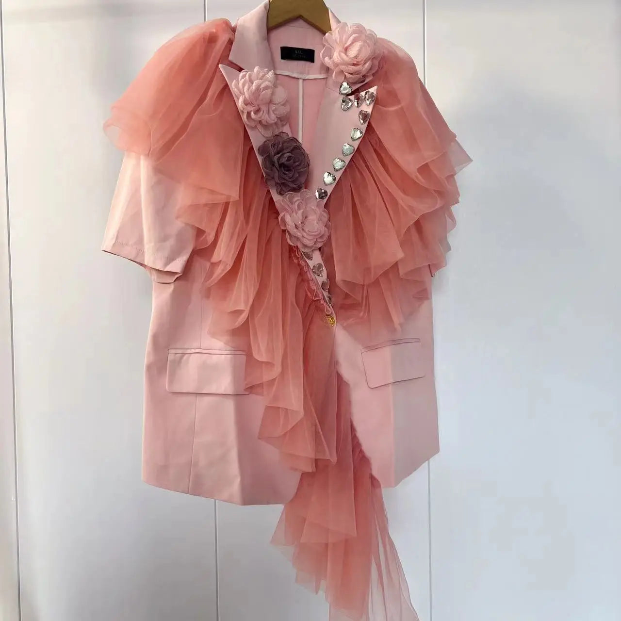 Luxury Mesh Spliced Ruffles Suits Jacket 3D Flowers Diamonds Beaded Blazers Coat Gauze Pleated Patchwork Short Sleeved Cardigan