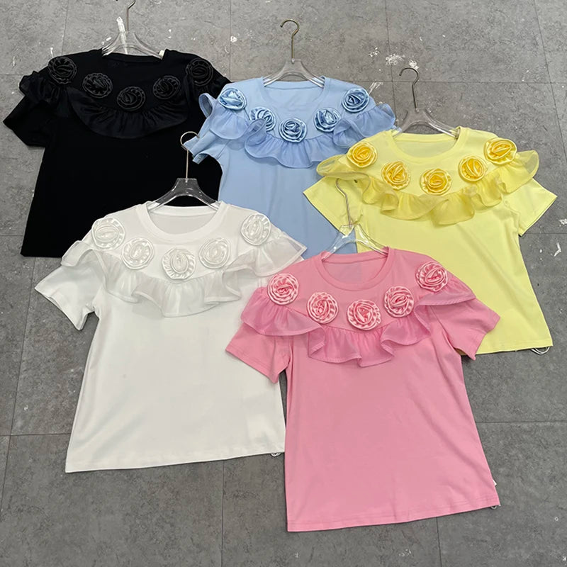 GALCAUR Casual Sweet Style Spliced Appliques T Shirt For Women O Neck Short Sleeve Slim Short Tees Female Summer Fashion Clothes