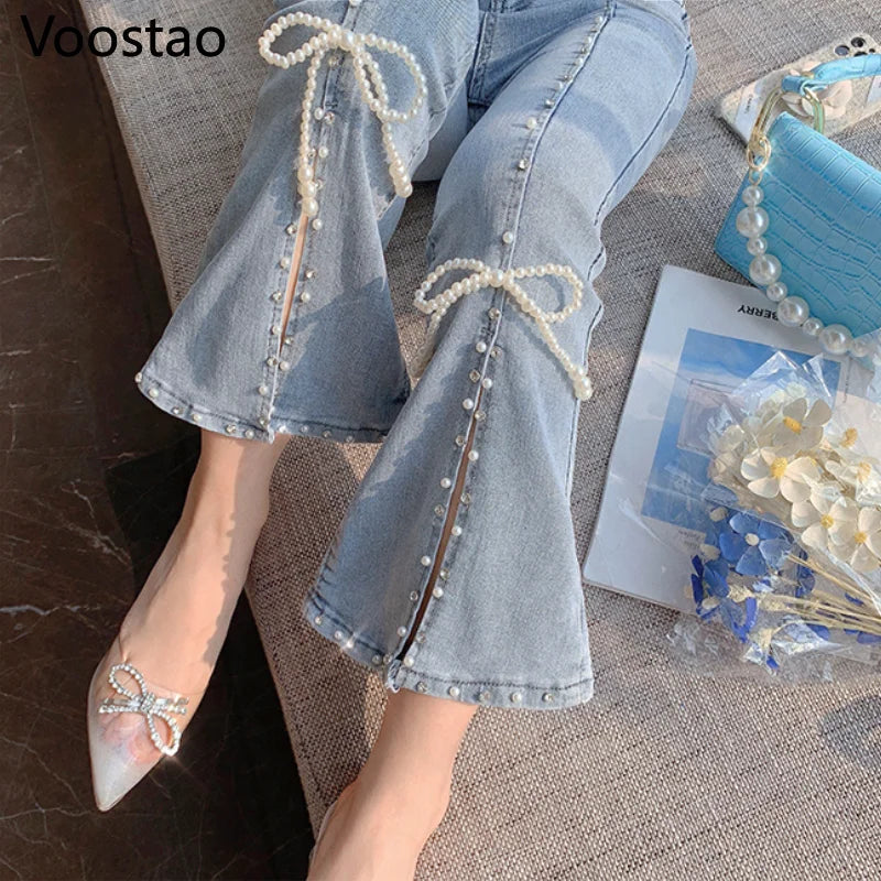 Spring Autumn Sweet High Waist Split Denim Pants Women Elegant Chic Beading Bowknot Boot Cut Pants Girls Vintage Fairy Jeans