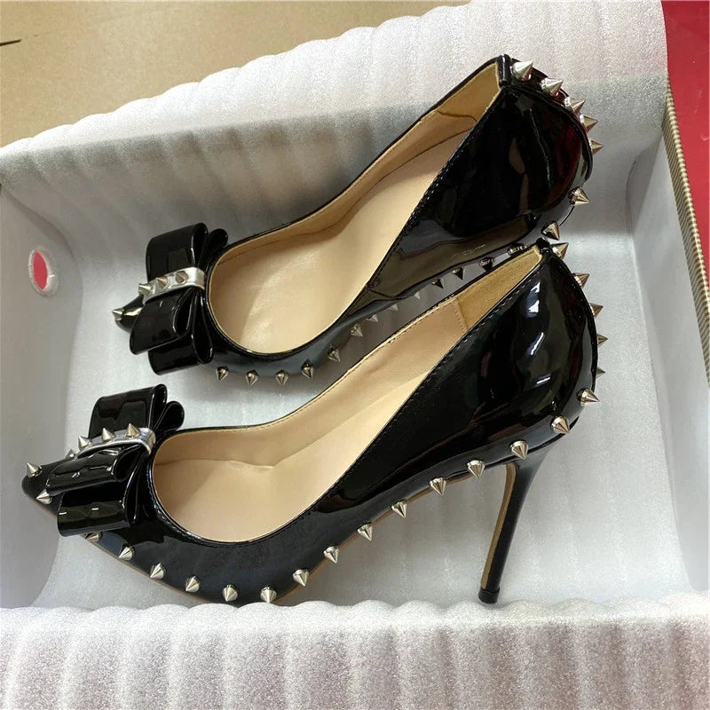 Heelgoo 2025 Newly 12cm 10cm 8cm Spikes Bow Women Sexy Pointy Toe High Heel Shoes Party Dress Stiletto Pumps Plus Size 33-46