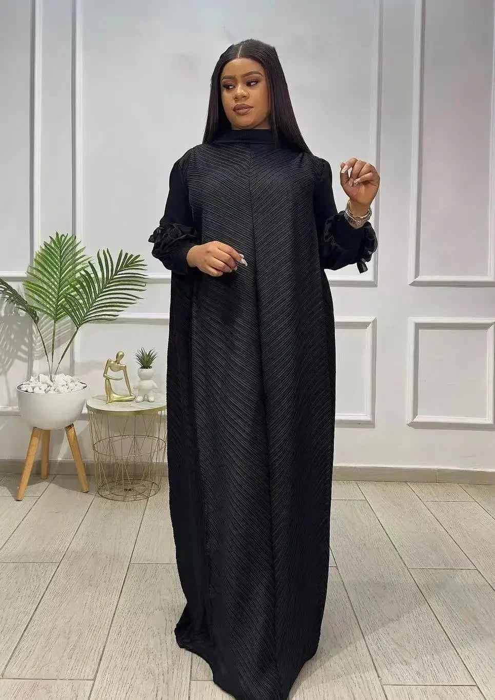 Miyake Pleated Long Dress Solid Color Long Sleeve Handmade Embroidery Temperament Long Loose Plus Size Women's Dress Hot Selling