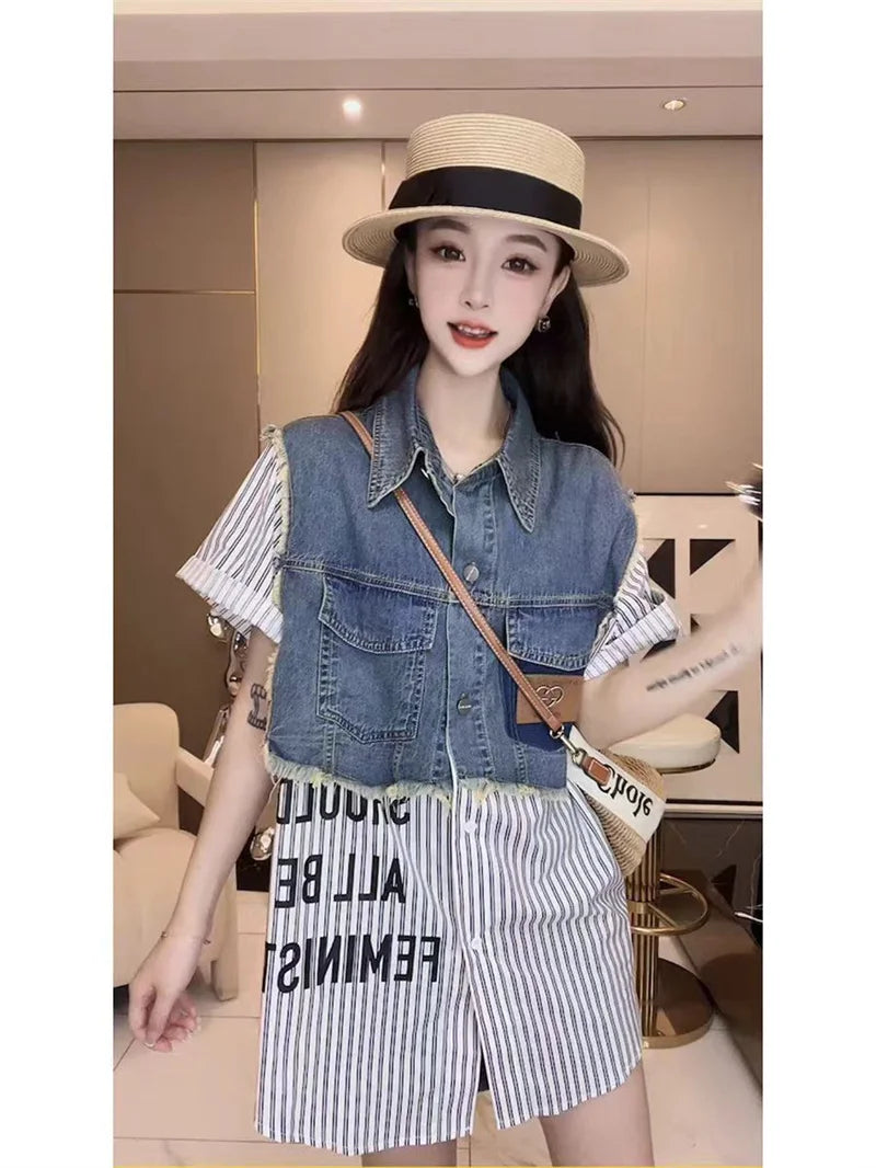 Spring/Summer 2024 New Fashion Striped Fake two Denim Shirts Women's Design Sense Stitching Women Jackets Temperament Coat Top