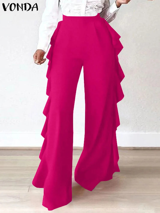 VONDA Women Long Wide Leg Pants 2024 Solid Color Casual Loose Ruffled Elastic Waist Trousers Fashion Elegant Bottoms Oversized