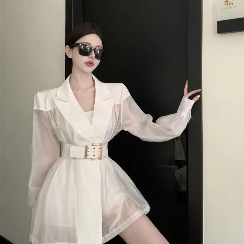 2025 Summer Women Suit Coat Blazers New Mesh Splicing Long Sleeve Loose Strap Thin Internet Celebrity Street Explosion Suit