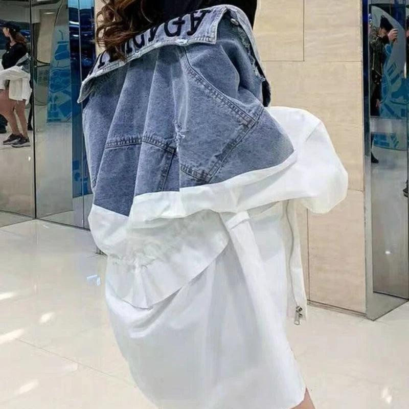 Women Casual Fashion Thin Denim Jackets 2023 Harajuku Patchwork Jacket Coats Long Sleeve Windbreaker Female Drawstring Outerwear