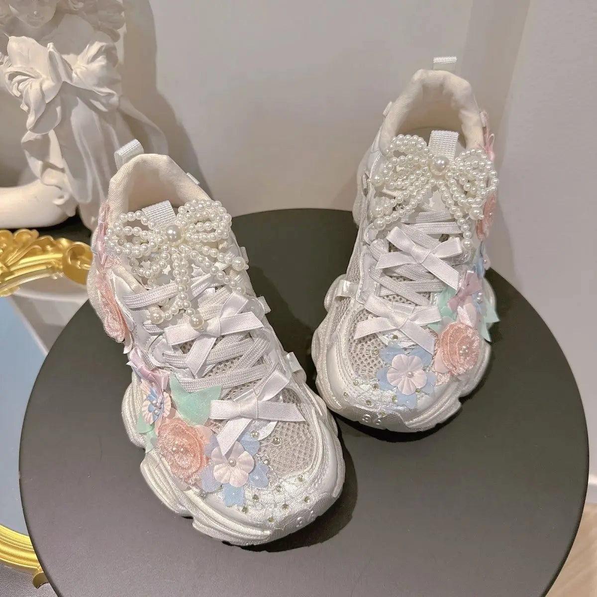 Colorful Embroidery Floral Women Chunky Sneakers Platform Thick Soled Daddy Shoes Pearls Beaded Bow Ladies Trainers Footwear