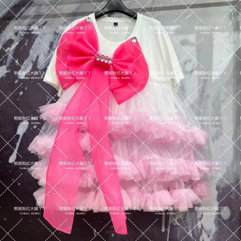 Original Design New Spring Summer Women Short Sleeve T-shirt Beads Bow Mesh Splicing Loose Tee Dress All-match Fairy Tops