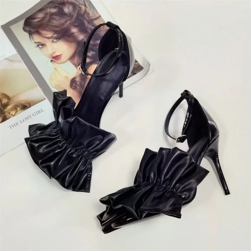 Sewing Pleated Ruffles Modern Sandals Women Ankle Strap 10cm Sharp Stiletto Heel Open Toe Cover Heels Summer Shoes