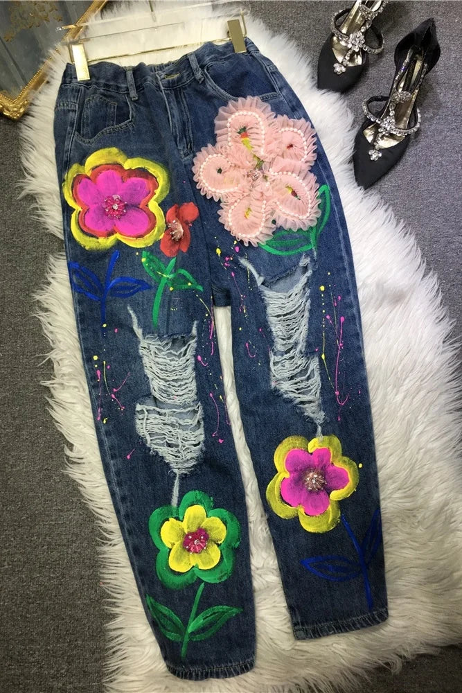 Mesh 3d Patch Flowers Beading Embroidery Streetwear Women Jeans 2023 New Summer Elastic Waist Straight Hole Denim Beggar Pants