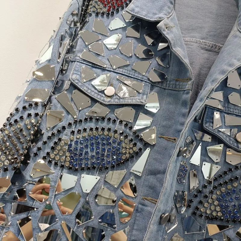 Premium Denim Jacket New Autumn Heavy Industry Sequins Handmade Diamond-encrusted Fashion Handsome Top Single-breasted Cool Coat