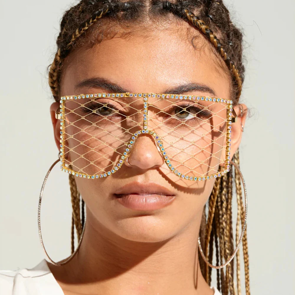 Colorful Crystal Mesh Eyeglasses Frames No Lenses Face Accessories 2025 Exaggerate Rhinestone Sunglasses Glasses Party for Women