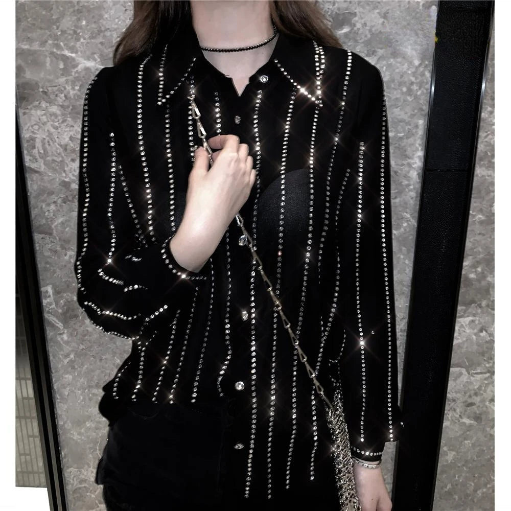 Luxury Women Fall Beaded Striped Shirts Retro Diamonds Blouse Sequned OL Cardigan Blusas Mujer Long-sleeved Loose Crop Tops