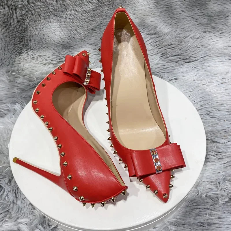 Heelgoo 2025 Newly 12cm 10cm 8cm Spikes Bow Women Sexy Pointy Toe High Heel Shoes Party Dress Stiletto Pumps Plus Size 33-46