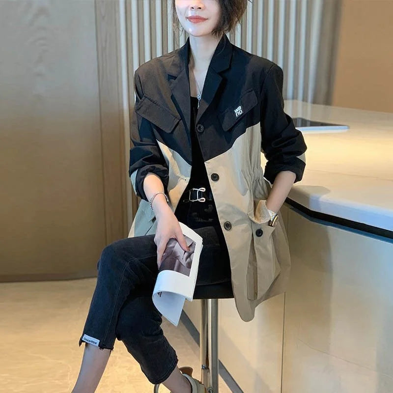 Fashion Splice Women's Suit Coat 2024 Spring Autumn The Waist Outerwear Female Casual Pocket Long Sleeve Blazers Jacket