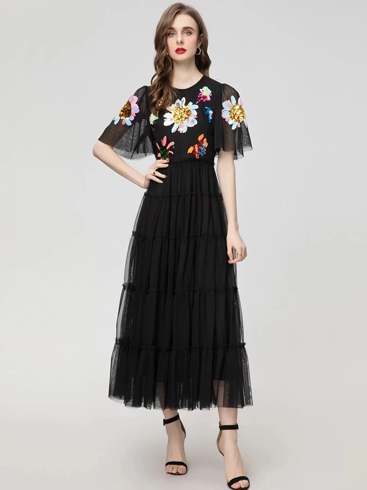 LD LINDA DELLA New 2024 Women Summer Fashion Runway Balck Party Dress Short Sleeve Flower Sequined Ladies Slim Long Dresses