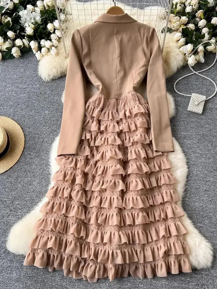 Women Vintage Evening Party Dress Spring Autumn Lapel Long Sleeve Patchwork Mesh Layered Dresses Ladies Elegant Long Robe