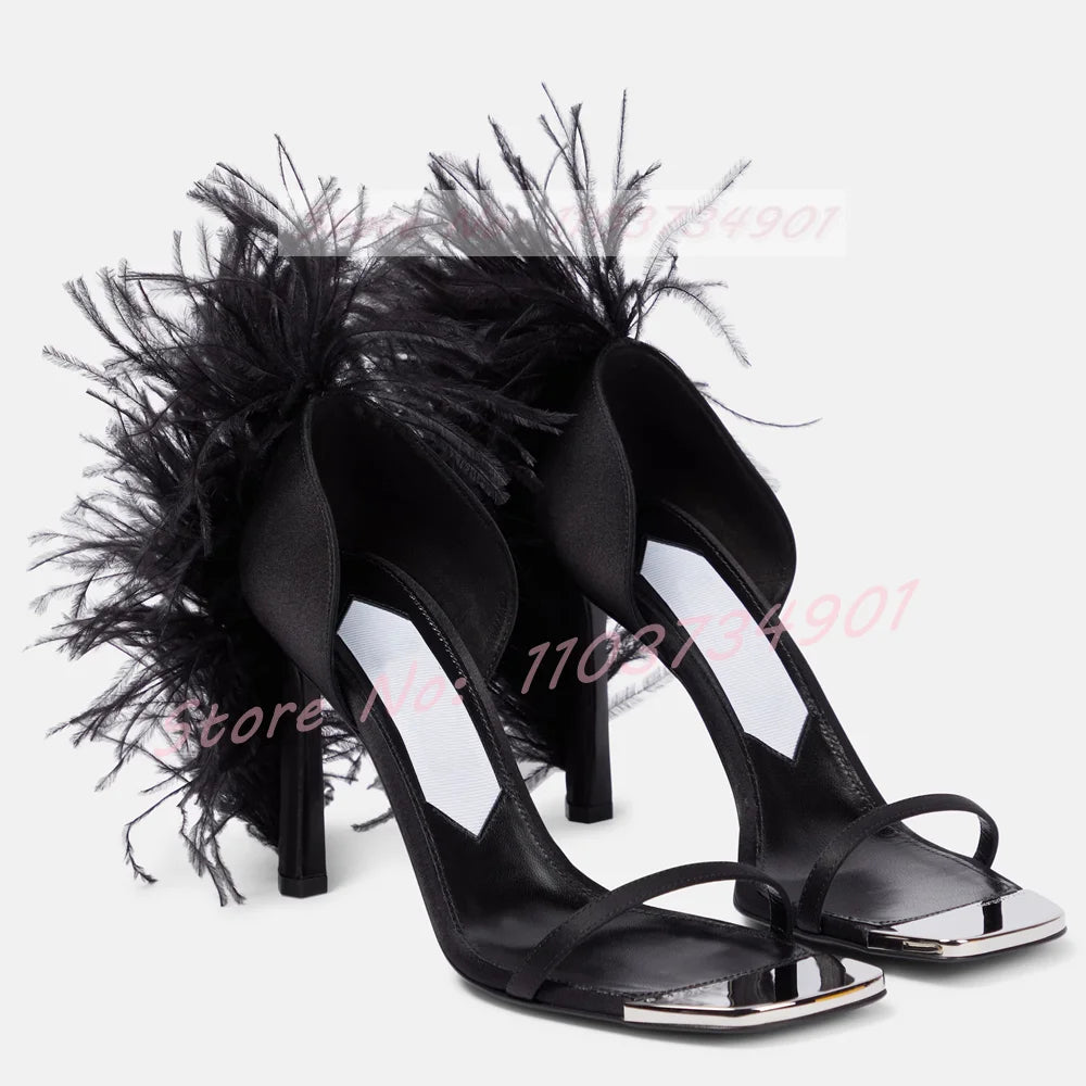 Back Furry Silver Toe Cover Heel Sandals Women Nightclub Toe Strap High Heels Shoes Lady Trendy Party Chic Punk Big Size Sandals