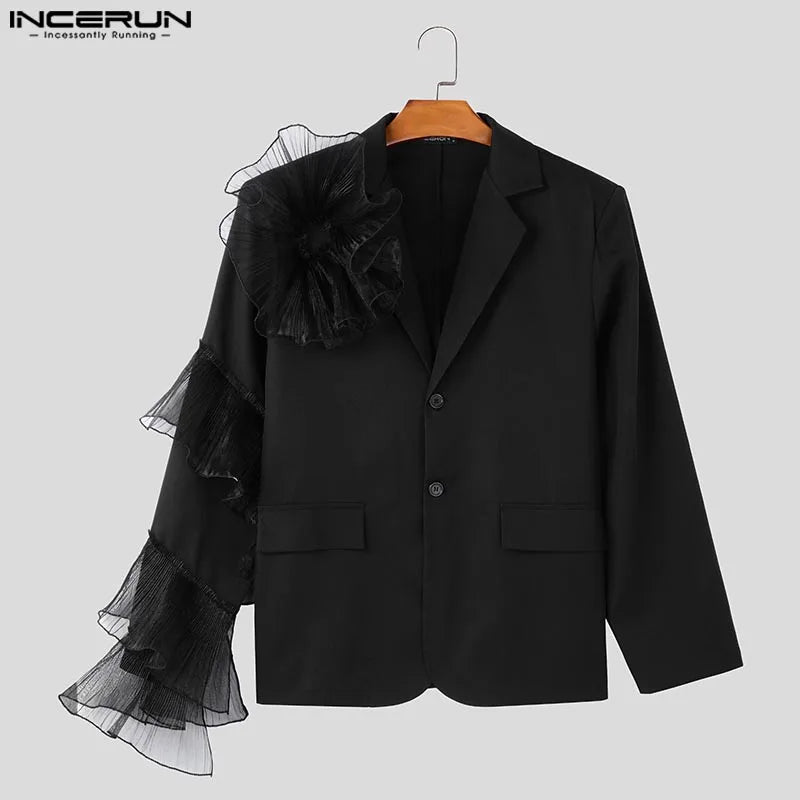 INCERUN Casual Long Sleeved Blazer 2024 Men Handsome Open Up Suits Patchwork Elegant Fashion Coats Fold Mesh Splicing Jackets