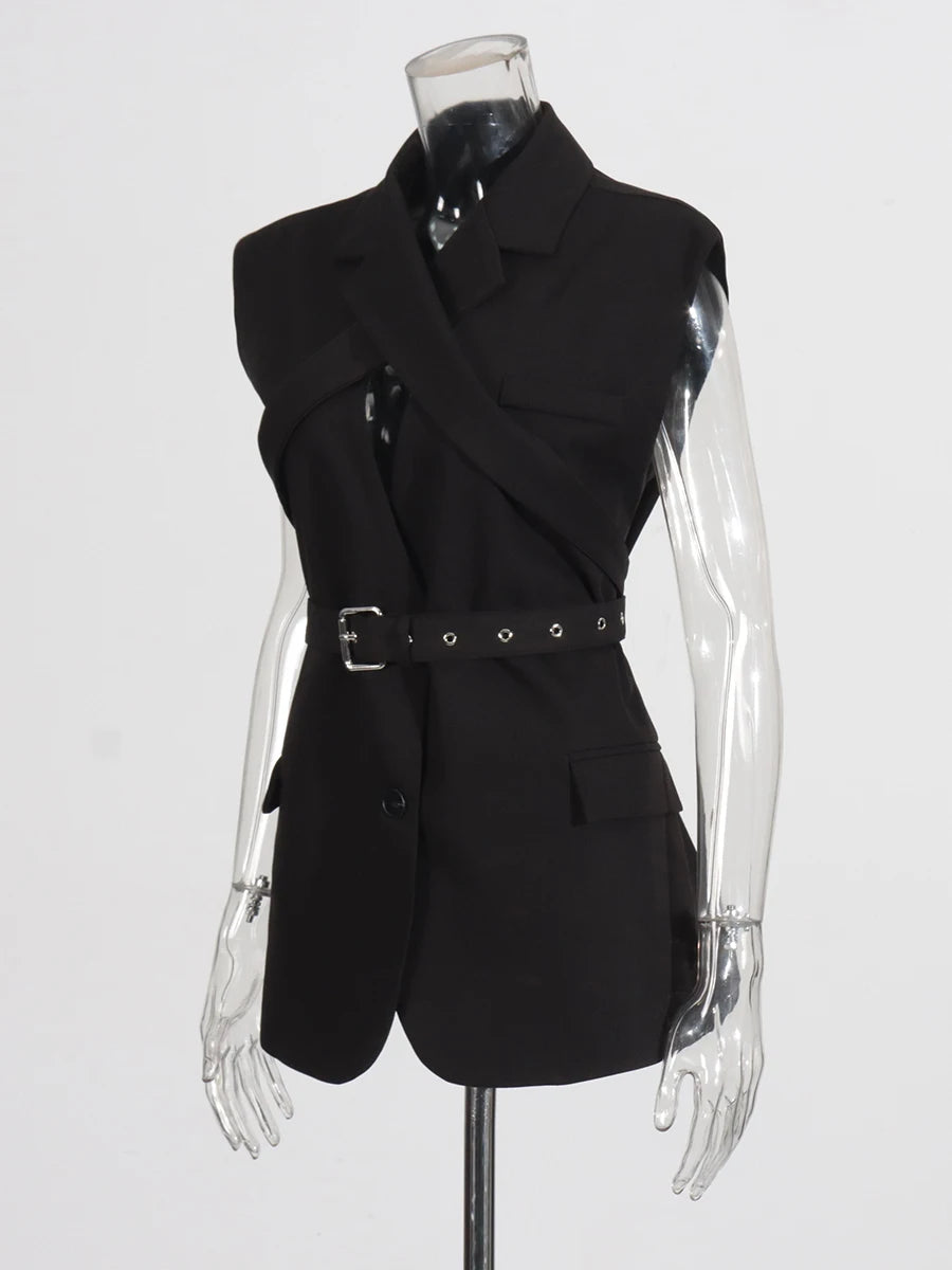 Black Sleeveless Blazer with Cross-Front Detail & Belt