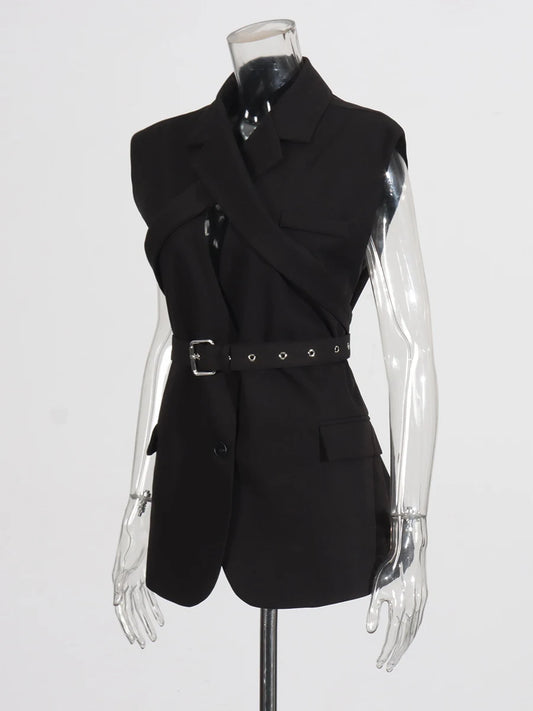 Black Sleeveless Blazer with Cross-Front Detail & Belt