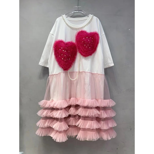 Chic Love Mesh Spliced Ruffles T-shirt Dress Pearls Beaded Chain Tassels Gauze Pleated Patchwork Tees Dress Jumpers Tops Vestido