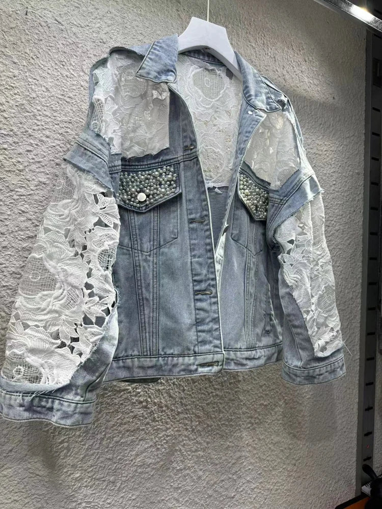 2024 Spring And Autumn New Loose And Versatile Mesh Perspective Lace Embroidery Beaded Short Denim Coat Women's Fashion Jackets