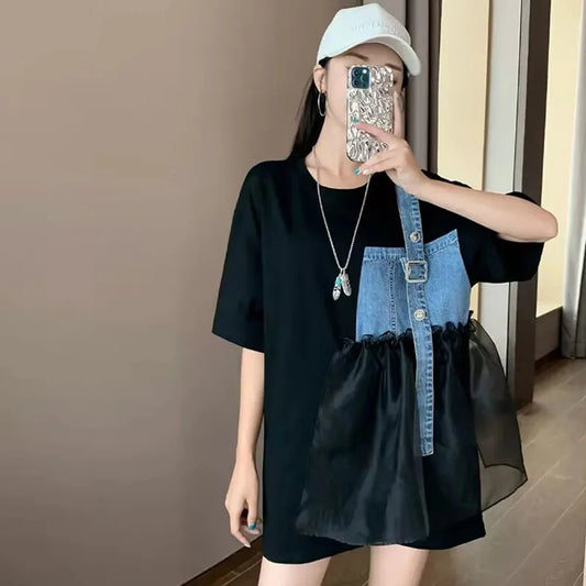 Spring/Summer Unique New Short Sleeve Oversize T-shirt Women's Chic Mesh Patchwork Tops Fashion Denim Splice Female Tees M-4XL