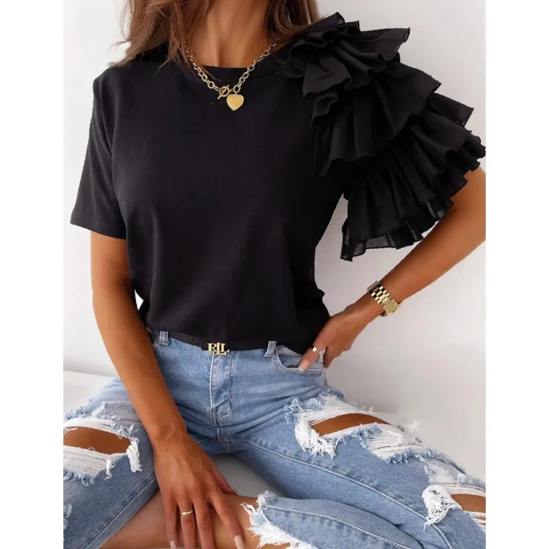 Elegant Mesh Ruffles Short Sleeves Loose T-Shirt Women's Casual O Neck Solid Basic Versatile Tops Chic Streetwear T-Shirt Blouse