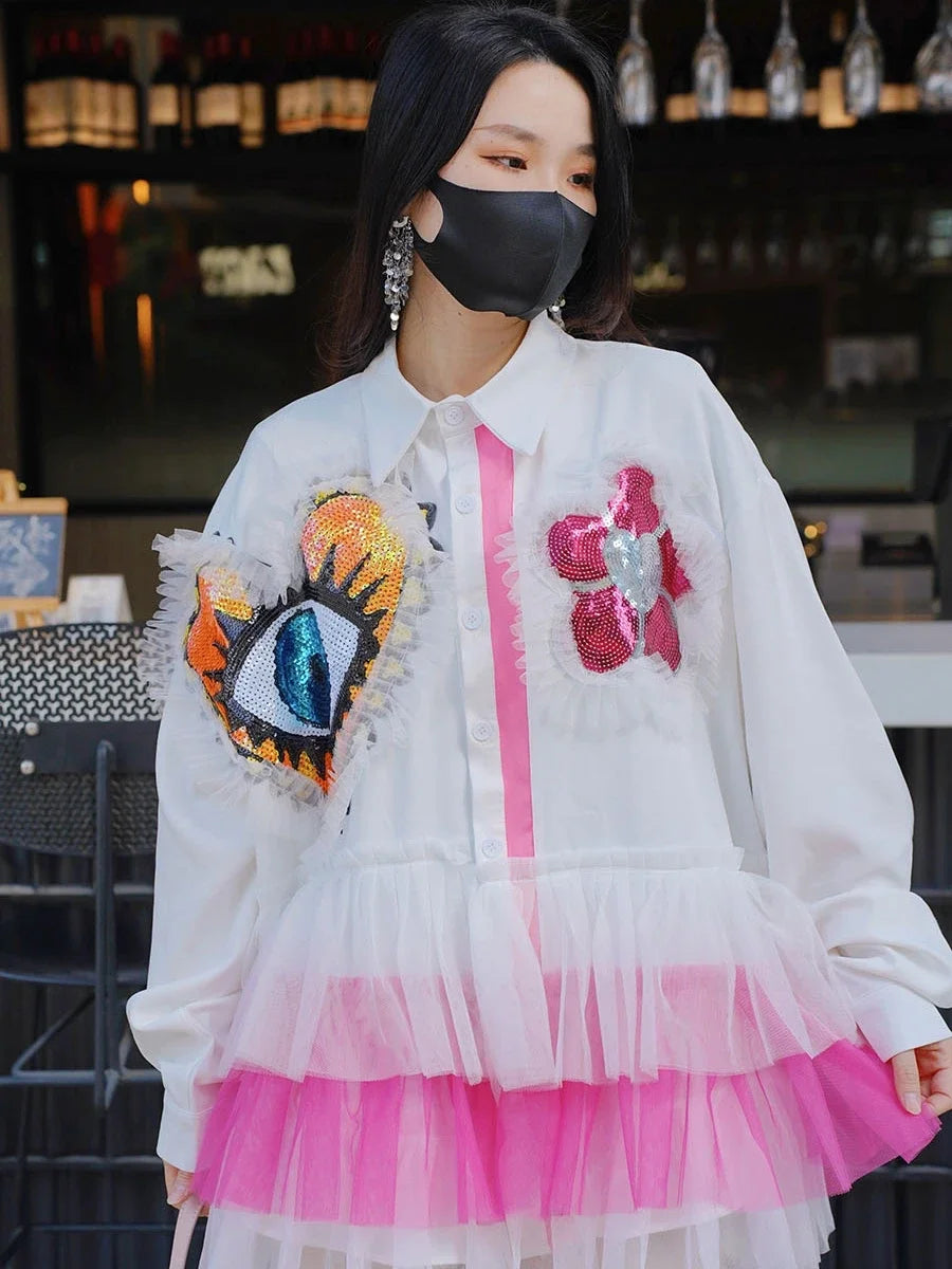 Women Spring Autumn Mesh Spliced Ruffles Floral Sequined Embroidery Shirts Dress White Gauze Ruched Layers Blouses Cake Dress