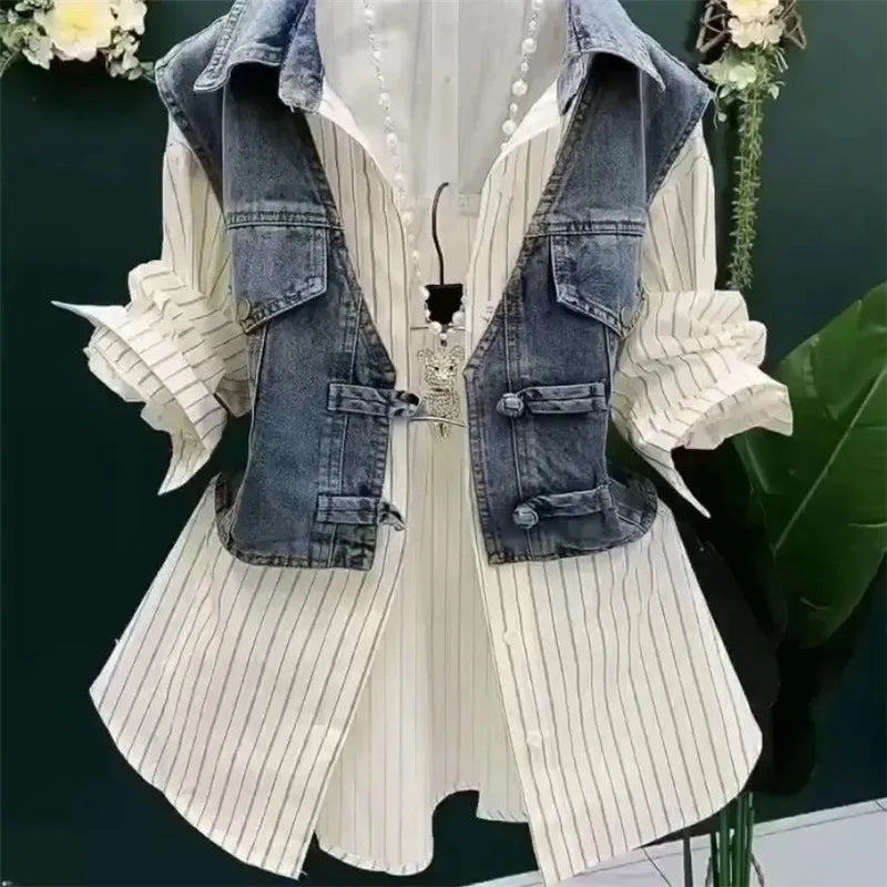 Chic Layered Denim Vest & White Blouse Set – Trendy Contrast Look