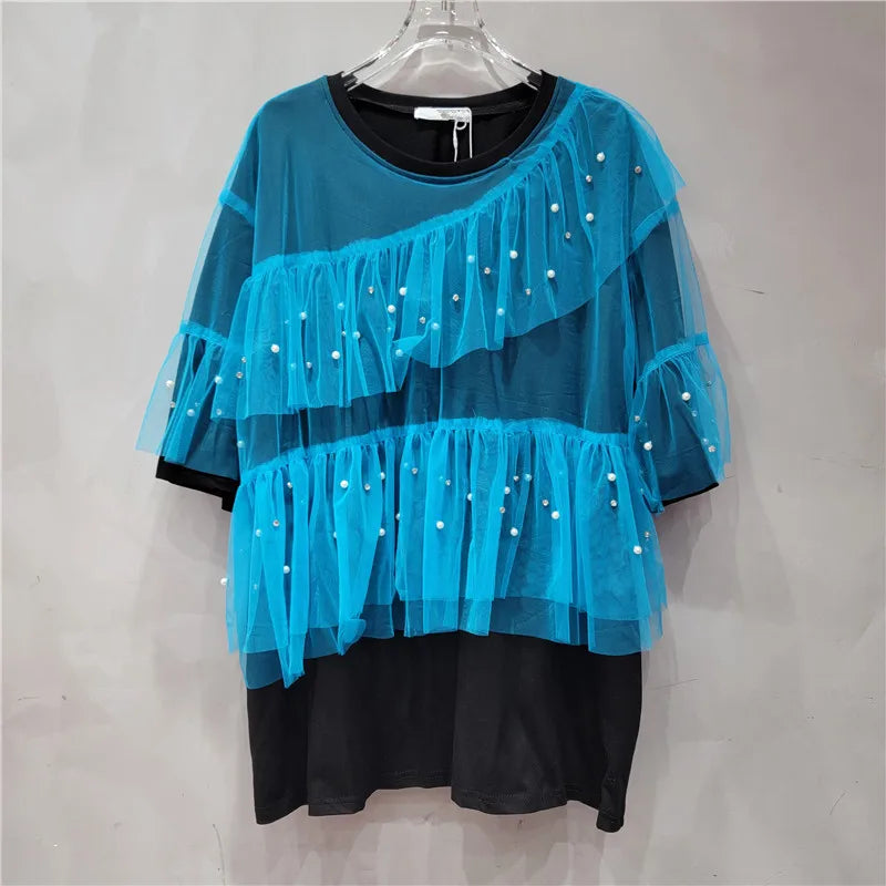 Women Diamonds Beaded Splicing Mesh Ruffles Fake Two Piece T-shirts Gauze Patchwork Pleated Pearls Beaded Tees Jumper Crop Tops