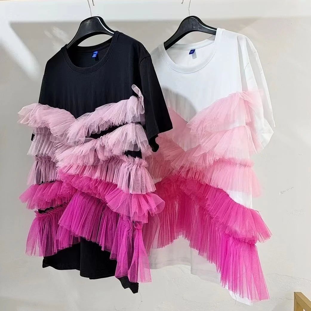 Irregular Mesh Splicing Ruffles T-shirts Loose Summer Gauze Ruched Patchwork Tees Contrast Color Short Sleeve Jumpers Crop Tops