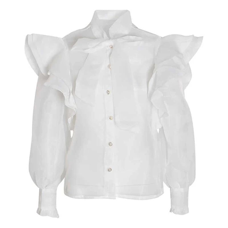 TWOTWINSTYLE Solid Patchwork Ruffles Chic Shirt For Women Stand Collar Long Sleeve Spliced Bowknot Temperament Blouse Female New