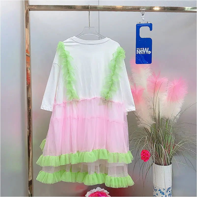 Summer Contrast Color Diamonds Beaded Mesh Spliced Ruffles T-Shirts Dress Rhinestones Gauze Patchwork Pleated A-line Tees Dress