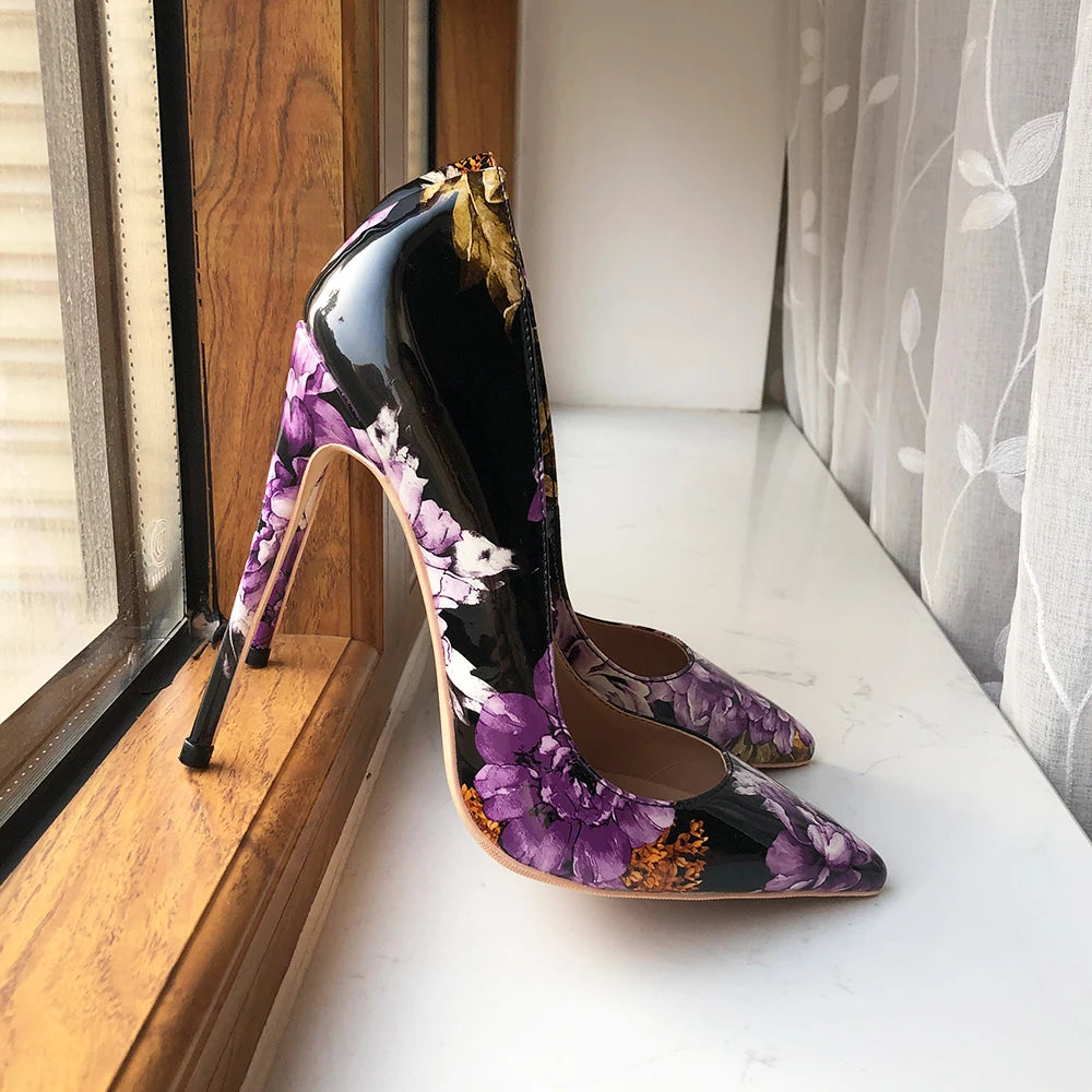 Tikicup Purple Flower Print Women Glossy Patent Pointy Toe 8-12cm High Heel Shoes Chic Floral Stiletto Pumps Large Size 43 44 45