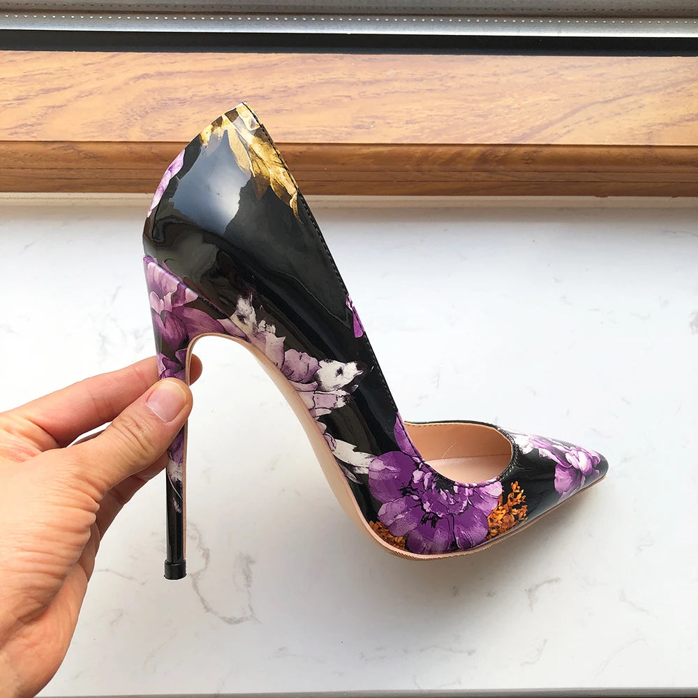 Tikicup Purple Flower Print Women Glossy Patent Pointy Toe 8-12cm High Heel Shoes Chic Floral Stiletto Pumps Large Size 43 44 45