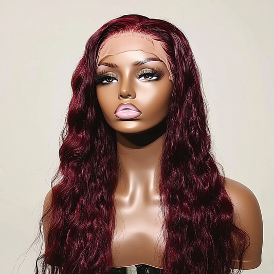 Amber - Luxury Closure Lace Front Real Human Hair Wig Bouncy Silky Body Wave Red Burgundy