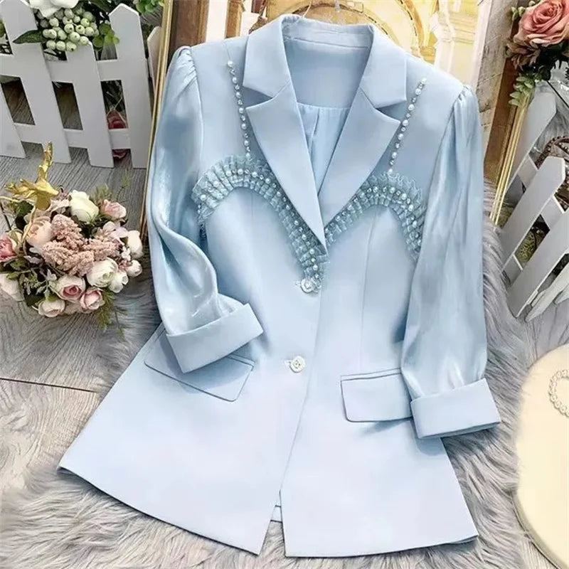 2024 Women's Blazer Bead Paillettes Femme Summer Sunscreen Jacket White New Suit Jacket Women's Fashion Thin Black Cardigan Blue