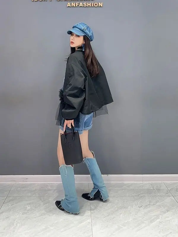 Women Mesh Ruffles Spliced Denim Coat Gauze Ruched Patchwork Baseball Suit Jeans Jacket Loose Streetwear Zipper Cardigan Tops