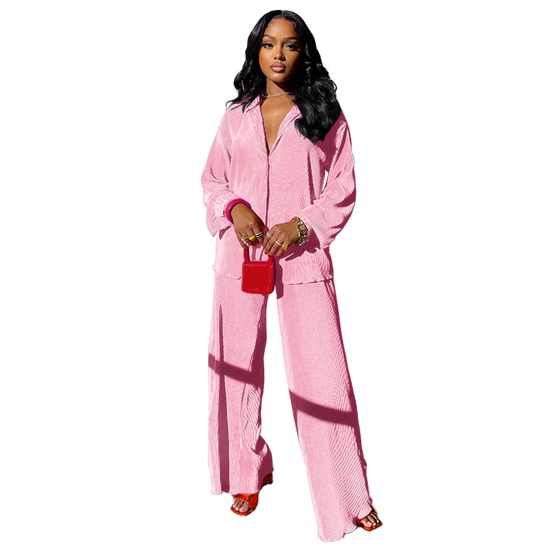 Women'S Set Casual Long Sleeve Shirt Tops And Wide Leg Pants Elegant Tracksuit Two Piece Set Sweatsuit Fitness Joggers Outfits