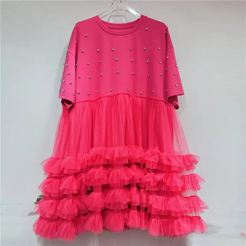 Original Design Elegant Diamonds Ball Gown Dress New Summer Cute Mesh Splicing Princess Top Age Reduction Mid-long T-shirt Dress