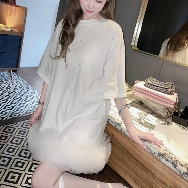 Mesh Spliced Ruffles Pearls Beaded T-Shirt Dress Loose Medium Length Yellow Gauze Pleated Tees Net Yarn Jumpers Tops Vestidos