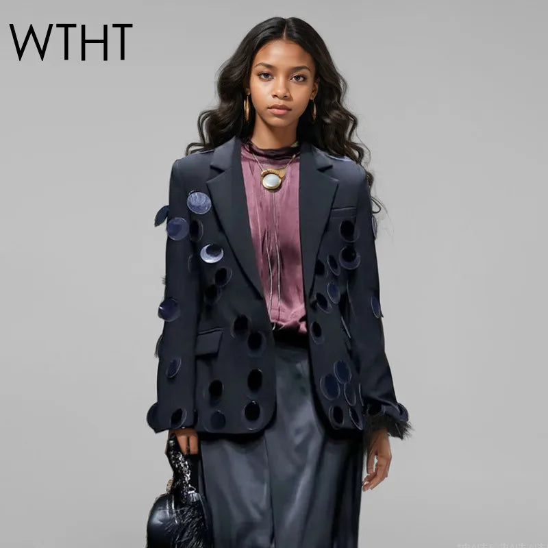 WTHT New Fashion Women's Spliced Big Sequins Blazer 2024 Winter Lapel Long Sleeves Single Buttons Slim Jacket Female 1LS653