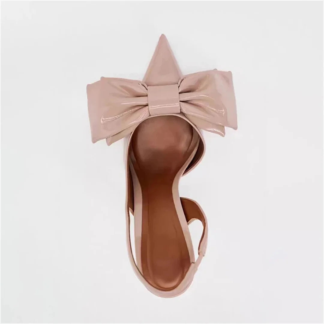 Pink Patent Leather Bow Stilettos For Women Pointed Head Thin High Heel Slingbacks Shoes Women's Brown Pink Sandals Shoes 2025